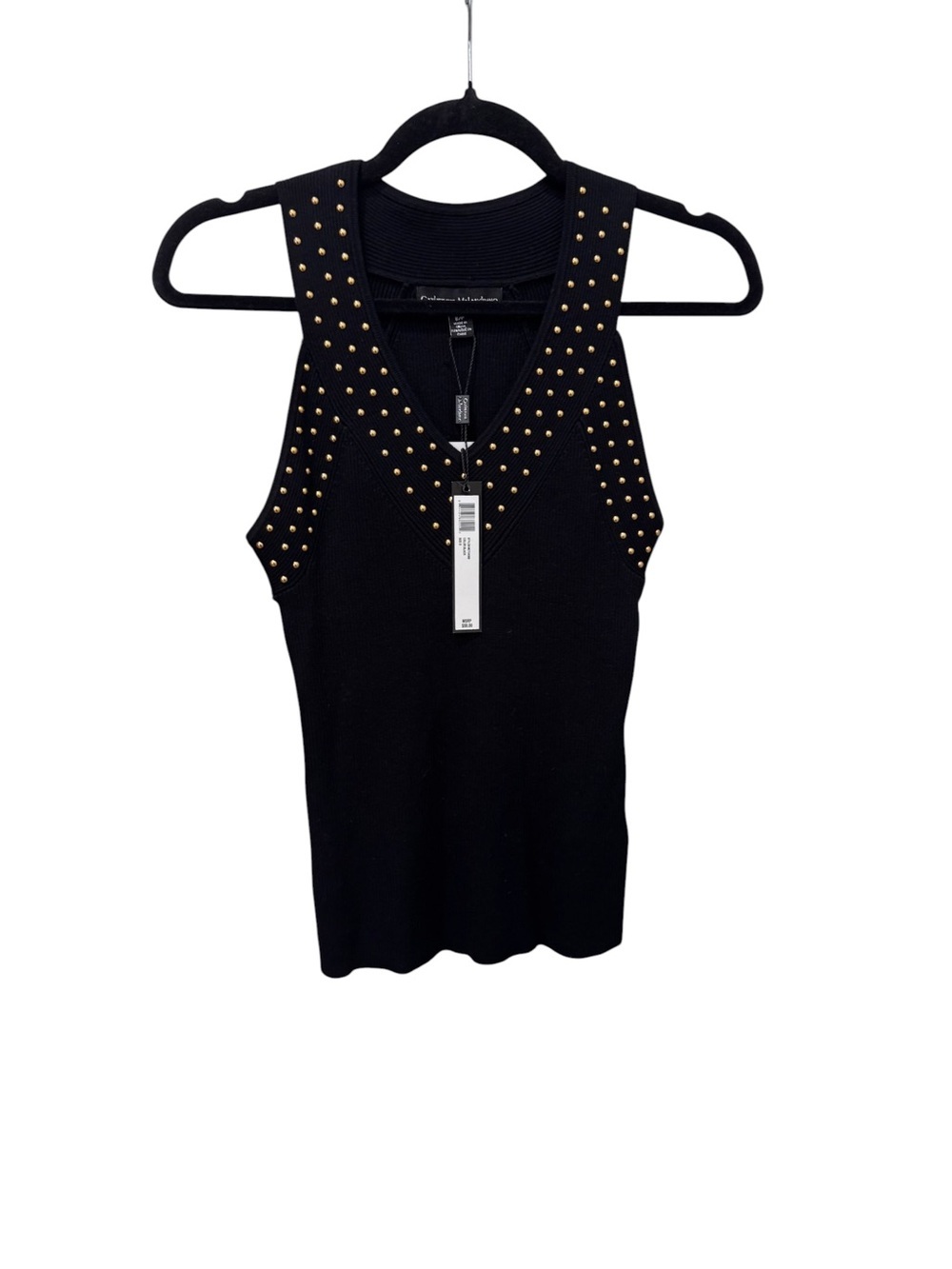 NWT Catherine Malandrino Black Ribbed Studded Knit Tank Top Gold Studs Sz S